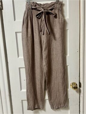MARELLA Taupe Flax Linen Paperbag Waist Pants